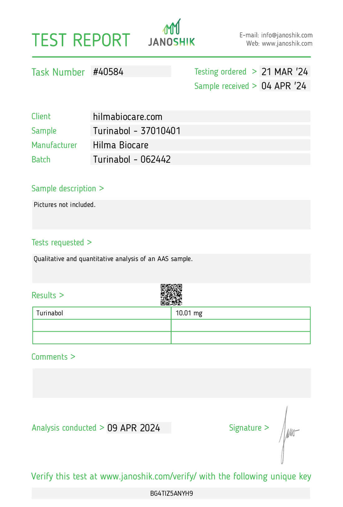 Turinabol 10 - Certificados de análisis
